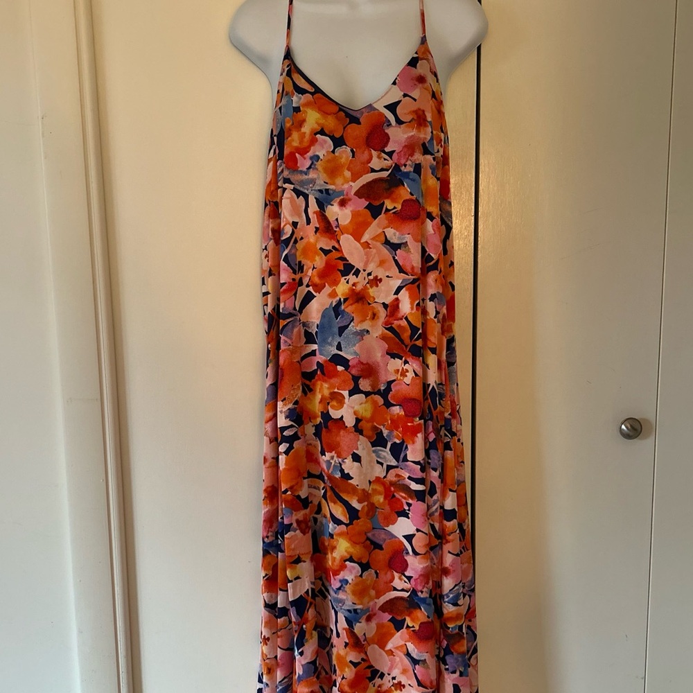 Tahari Floral spaghetti strap Maxi Dress pockets S
